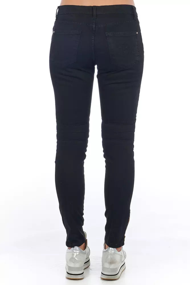 Jeans by Frankie Morello for women in stretch denim cotton black features a polished silhouette with a polished skinny, reaching a polished long and finished with a polished .