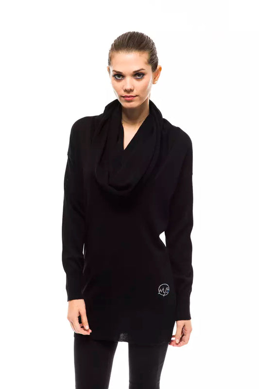 Sweater by Montana Blu for women in wool black features an tactile silhouette, showcasing a sophisticated high-collar neckline and tactile for a refined finish.