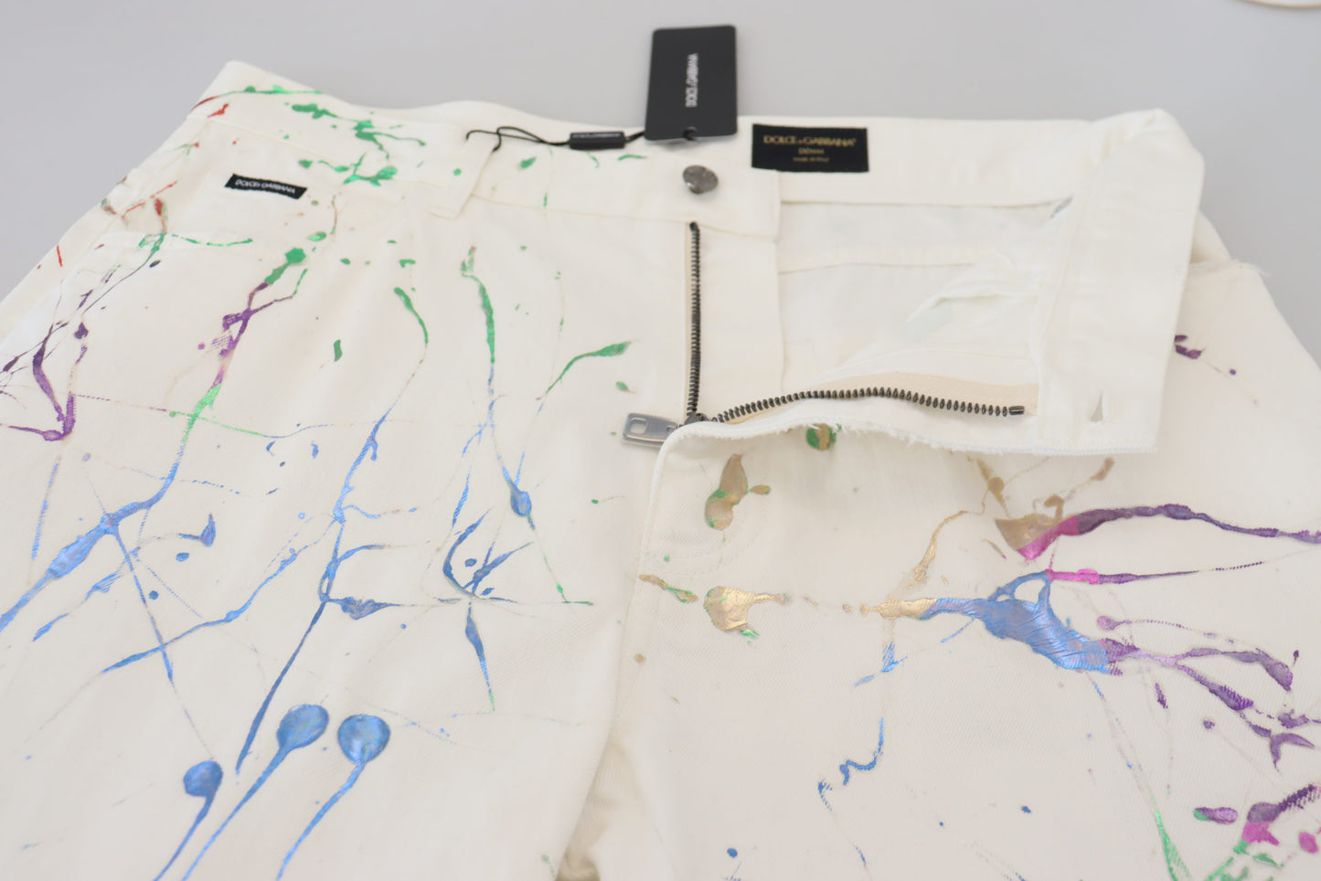 Dolce & Gabbana Men's White Cotton Color Splash Print Denim Pants