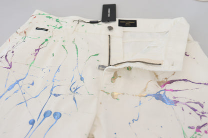 Dolce & Gabbana Men's White Cotton Color Splash Print Denim Pants