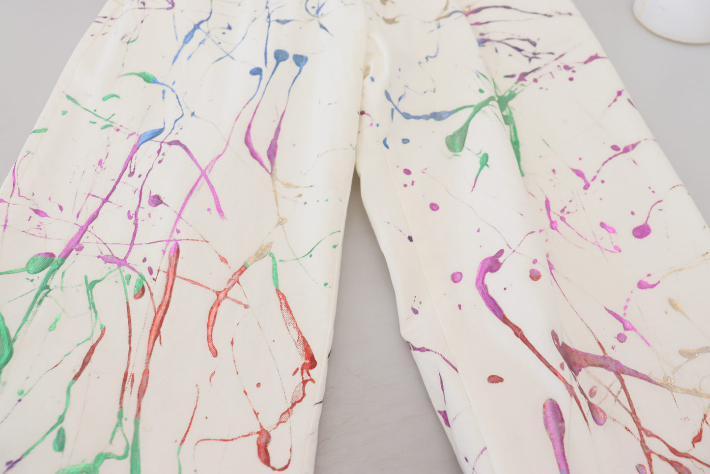 Dolce & Gabbana Men's White Cotton Color Splash Print Denim Pants