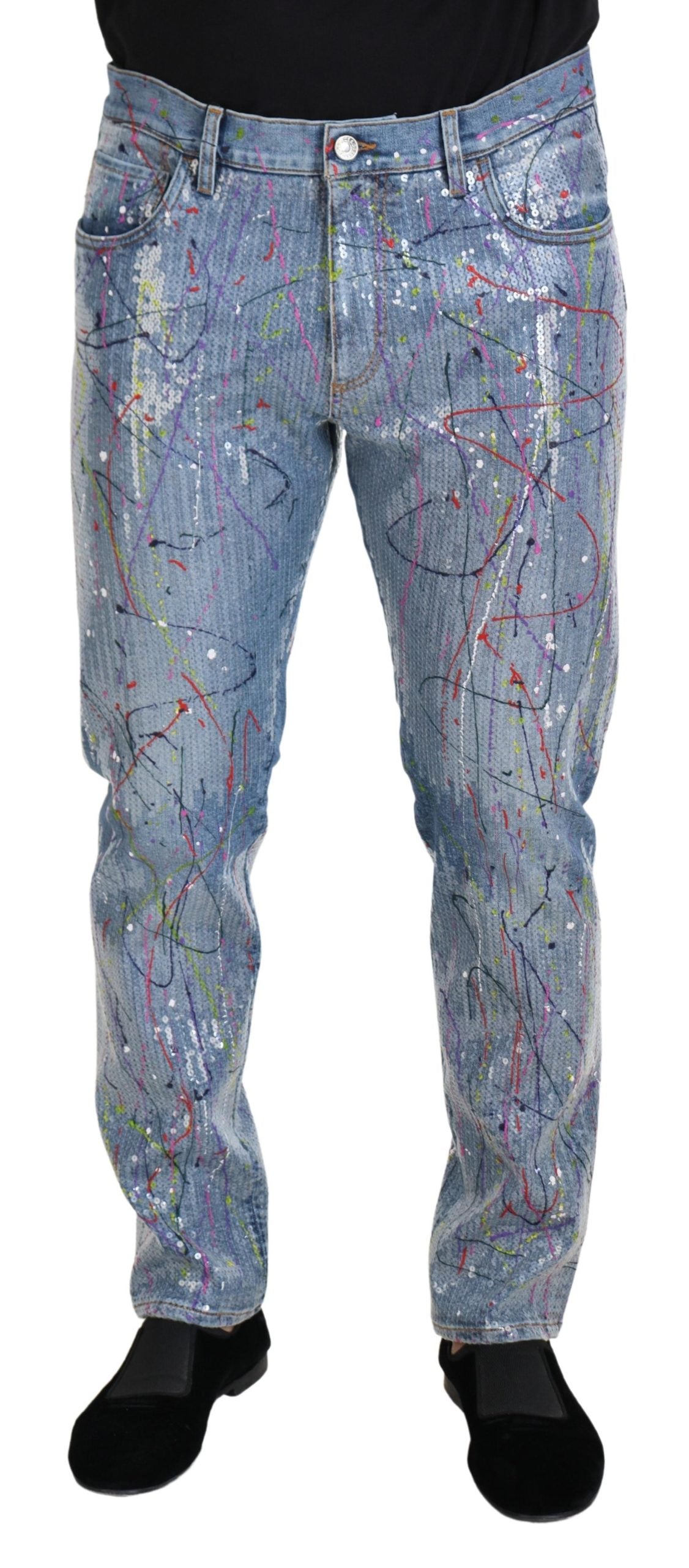 Dolce & Gabbana Men's Blue Cotton Color Splash Print Denim Jeans