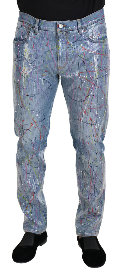 Dolce & Gabbana Men's Blue Cotton Color Splash Print Denim Jeans