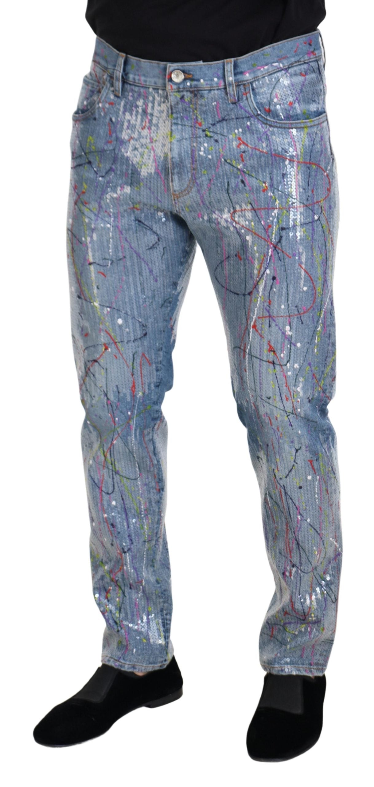 Dolce & Gabbana Men's Blue Cotton Color Splash Print Denim Jeans