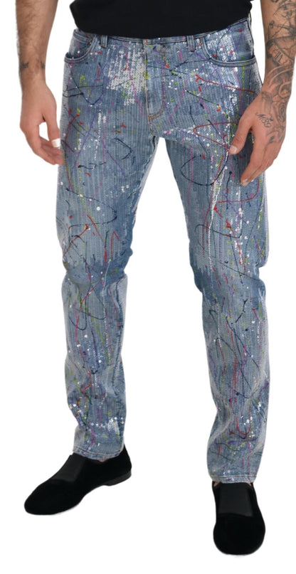 Dolce & Gabbana Men's Blue Cotton Color Splash Print Denim Jeans
