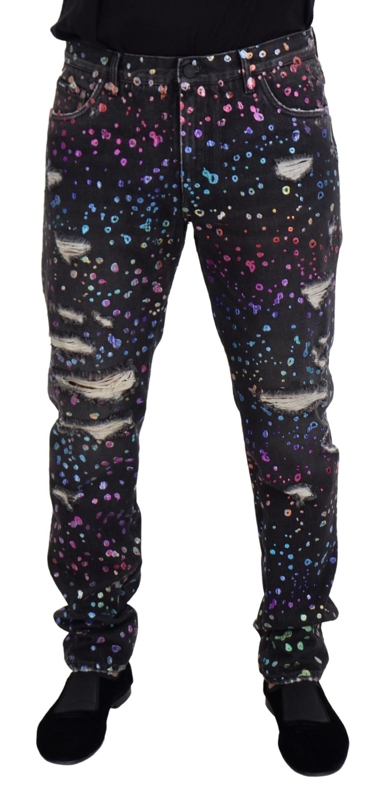 Dolce & Gabbana Men's Black Multicolor Print Tattered Denim Jeans