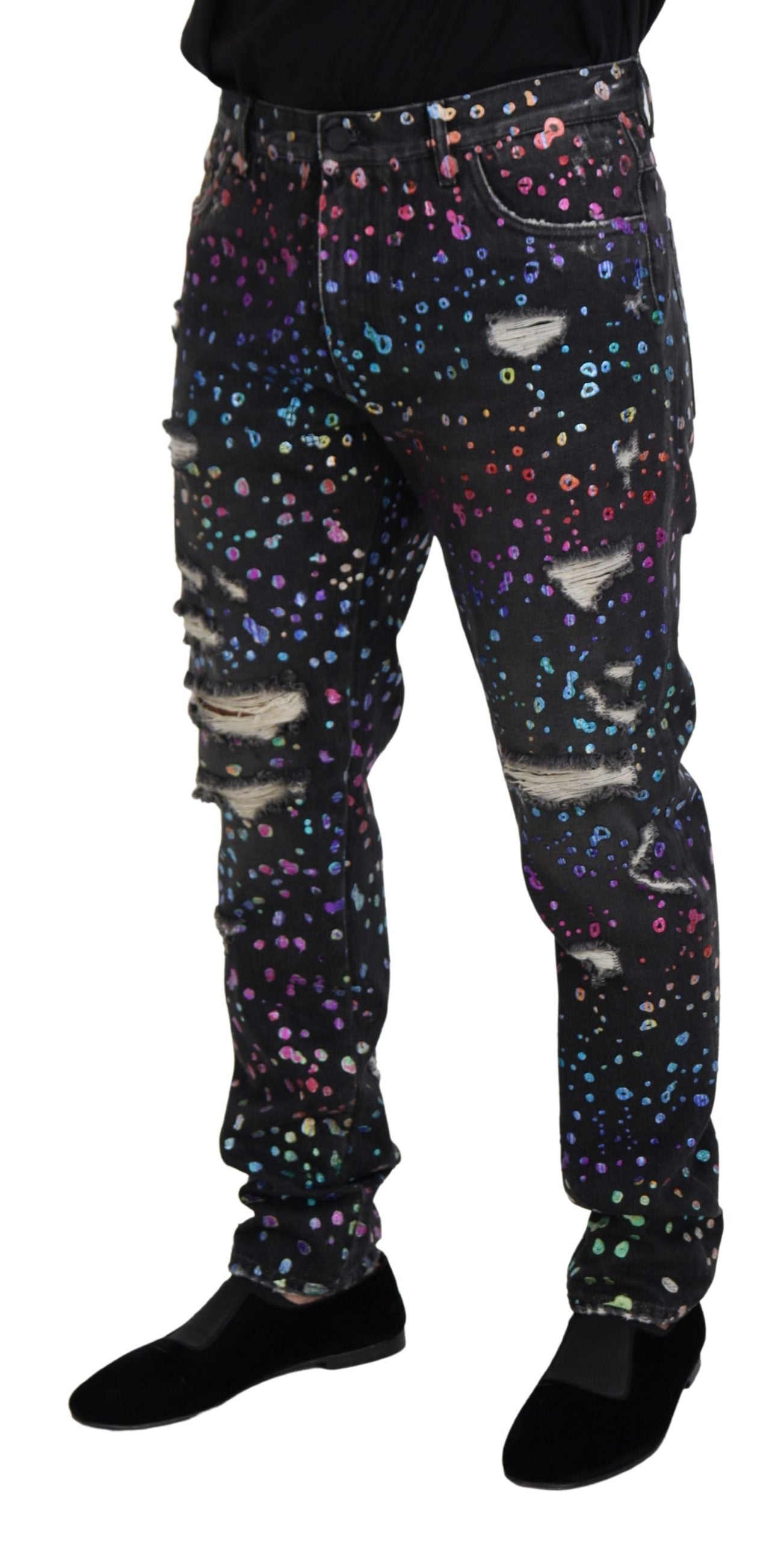 Dolce & Gabbana Men's Black Multicolor Print Tattered Denim Jeans