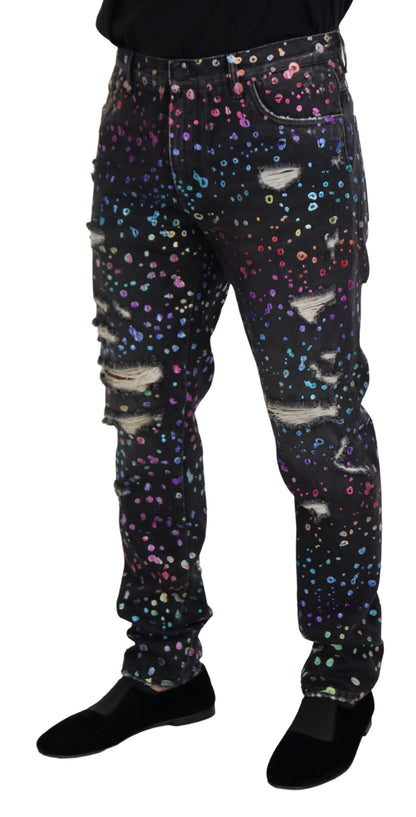 Dolce & Gabbana Men's Black Multicolor Print Tattered Denim Jeans