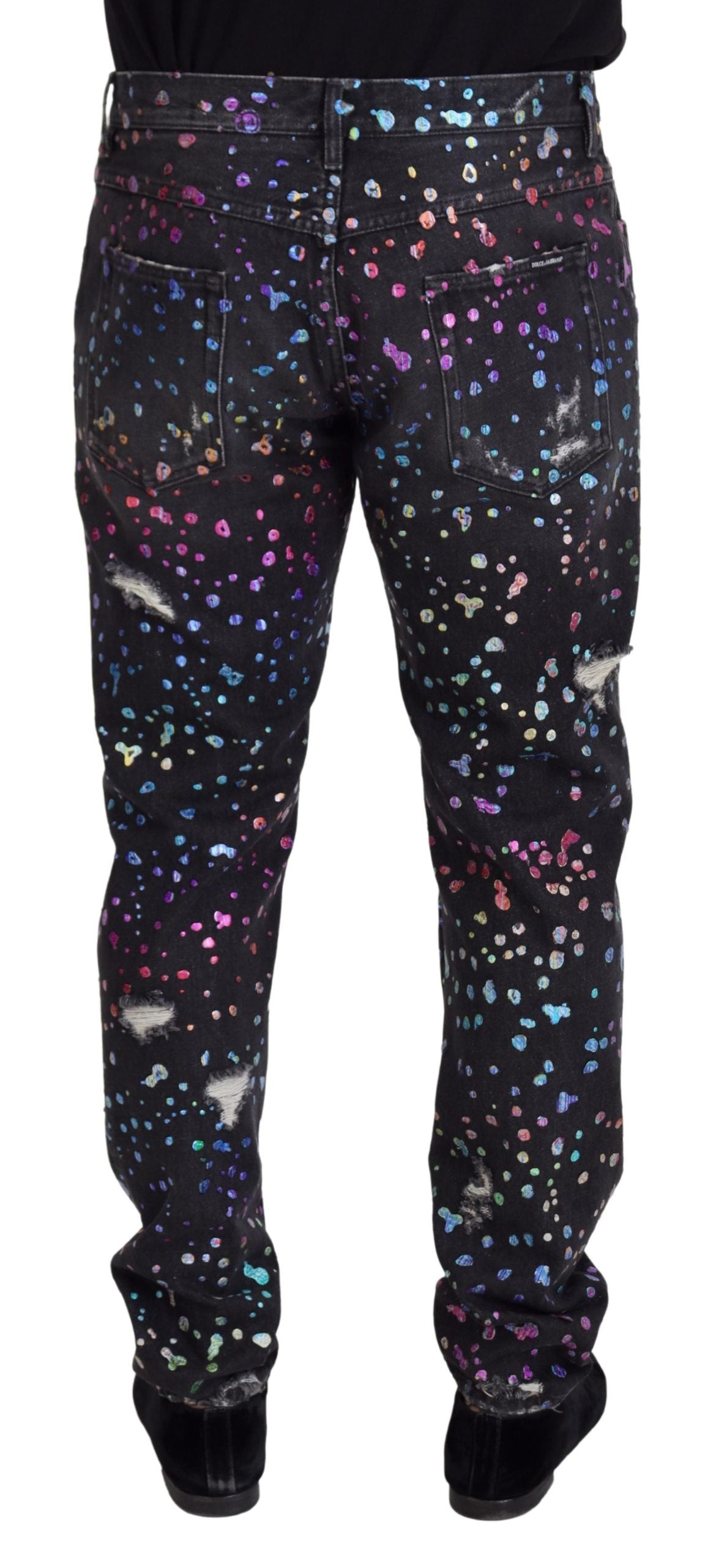 Dolce & Gabbana Men's Black Multicolor Print Tattered Denim Jeans