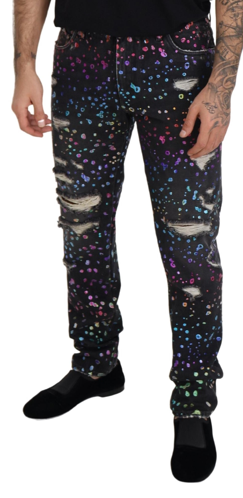 Dolce & Gabbana Men's Black Multicolor Print Tattered Denim Jeans