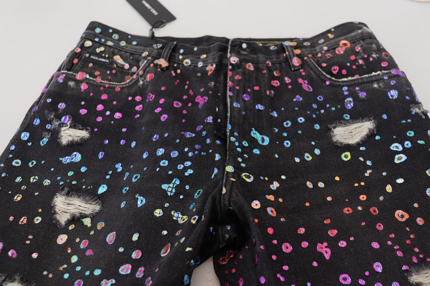 Dolce & Gabbana Men's Black Multicolor Print Tattered Denim Jeans