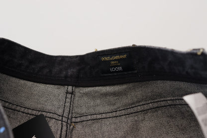 Dolce & Gabbana Men's Black Multicolor Print Tattered Denim Jeans