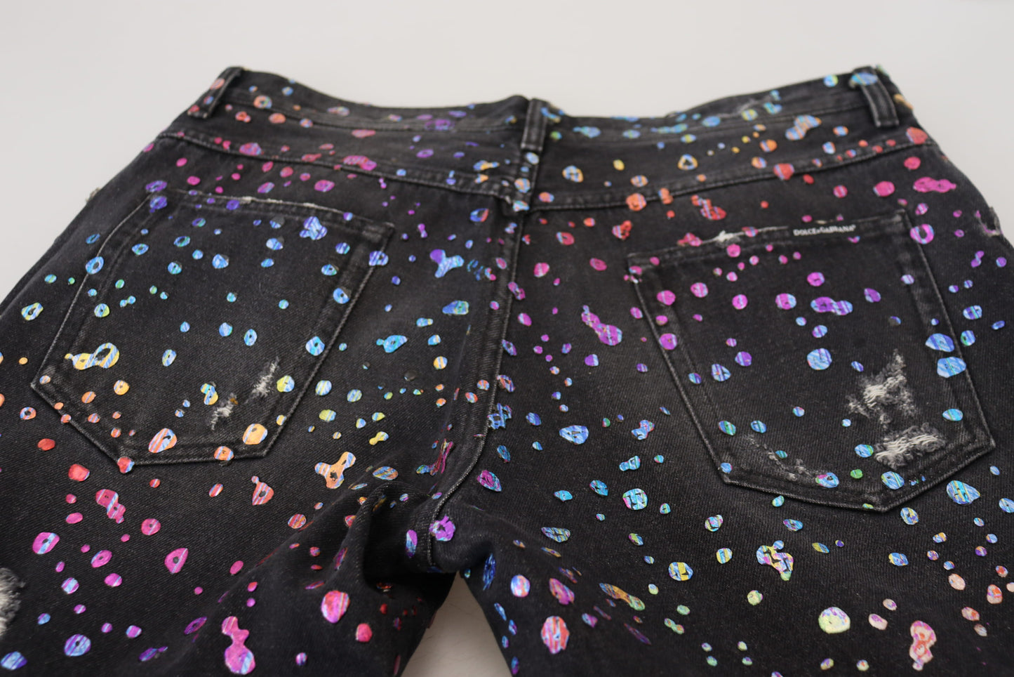 Dolce & Gabbana Men's Black Multicolor Print Tattered Denim Jeans