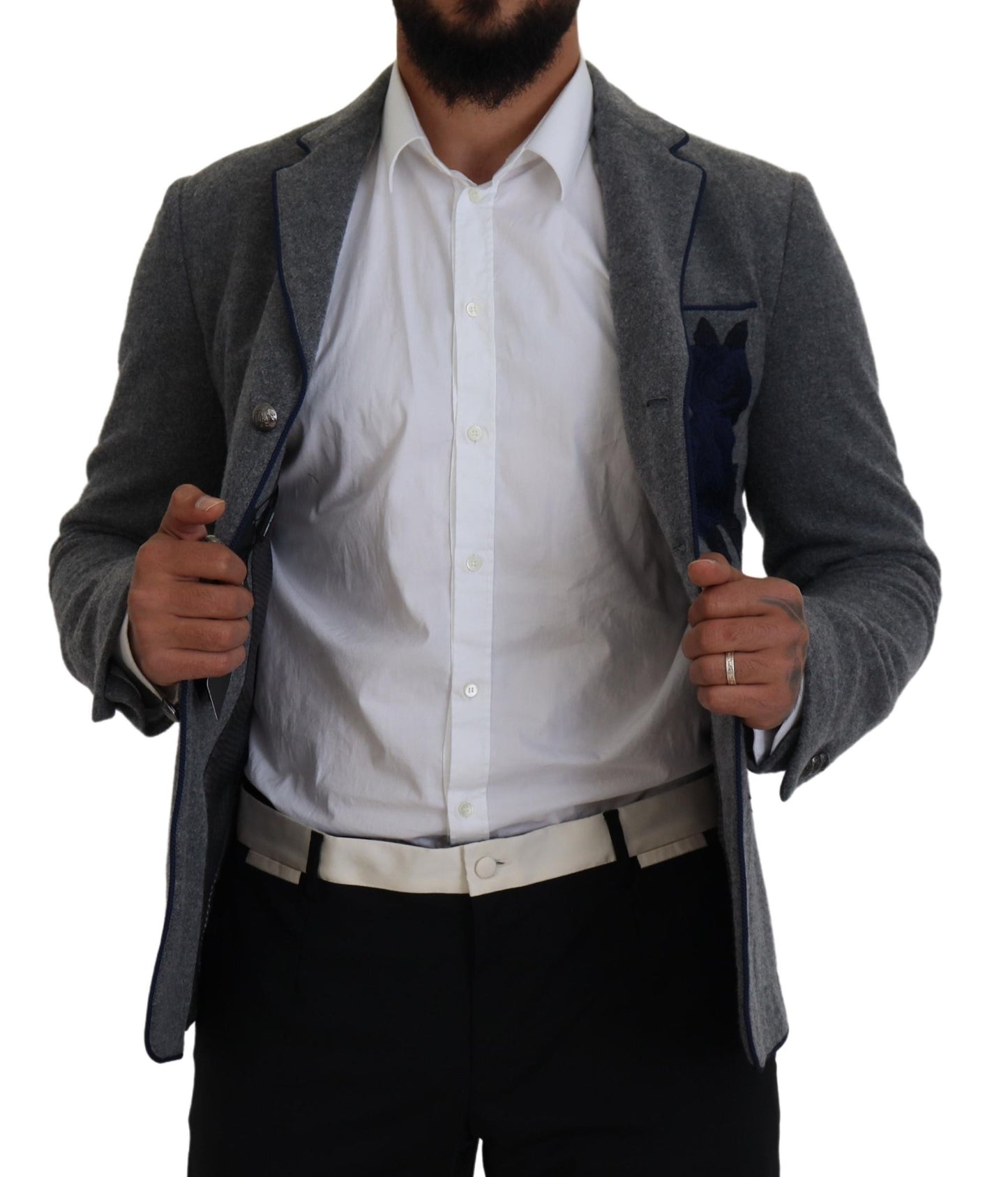 Dolce & Gabbana Men's Gray Wool Roses Slim Fit Jacket Blazer