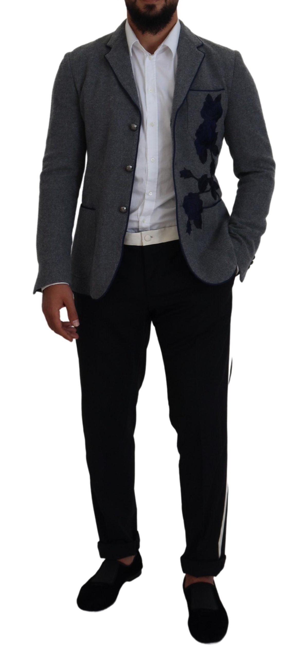 Dolce & Gabbana Men's Gray Wool Roses Slim Fit Jacket Blazer