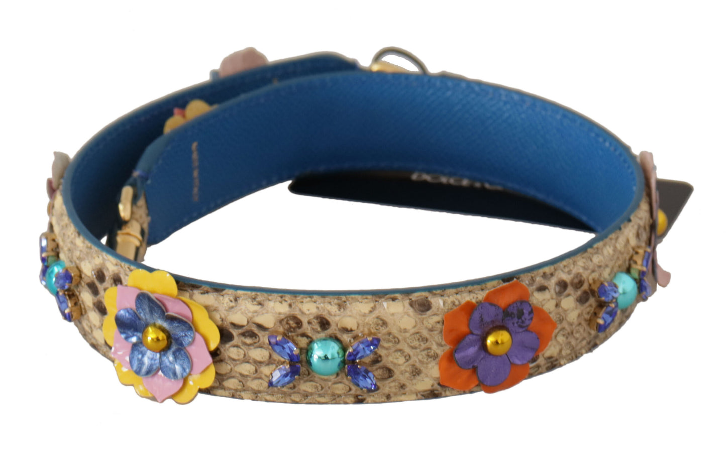 Shoulder Strap by Dolce & Gabbana for unisex in python leather beige, gold & floral features a dynamic silhouette, artfully enhancing the dynamic design of this Python Leather Shoulder Strap.