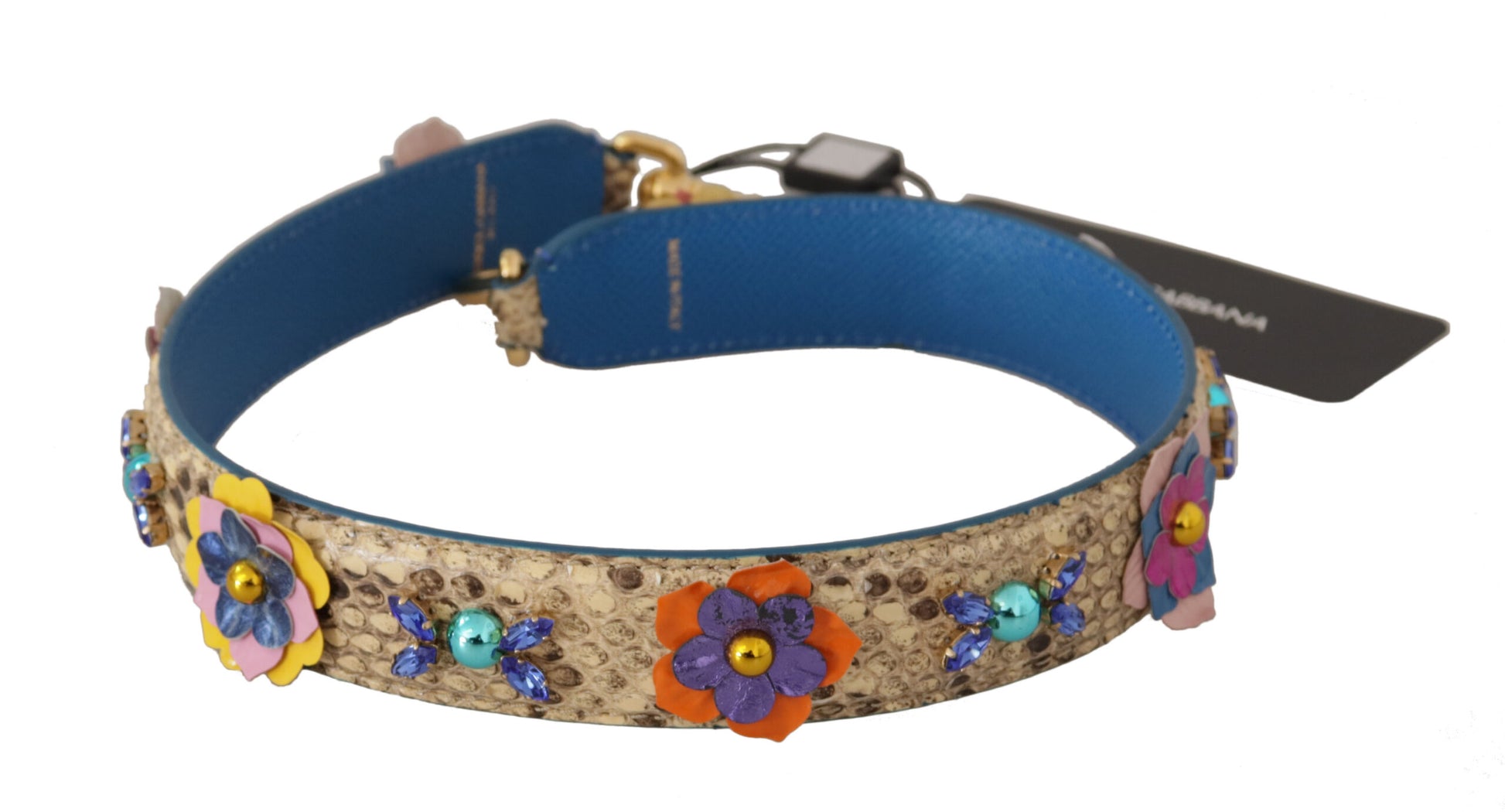 Shoulder Strap by Dolce & Gabbana for unisex in python leather beige, gold & floral features a contemporary design, highlighting the distinctive style of the Python Leather Shoulder Strap with a contemporary finish.