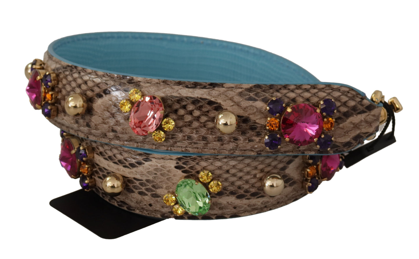 Shoulder Strap by Dolce & Gabbana for unisex in exotic leather & crystal brown & gold features a effortlessly chic design, perfectly complementing the signature look of the Exotic Leather Crystal Shoulder Strap.