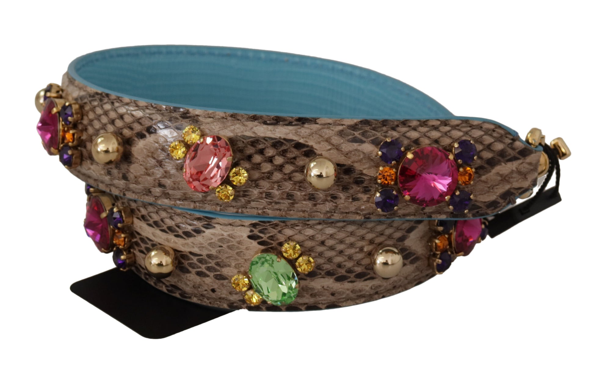 Shoulder Strap by Dolce & Gabbana for unisex in exotic leather & crystal brown & gold features a effortlessly chic design, perfectly complementing the signature look of the Exotic Leather Crystal Shoulder Strap.