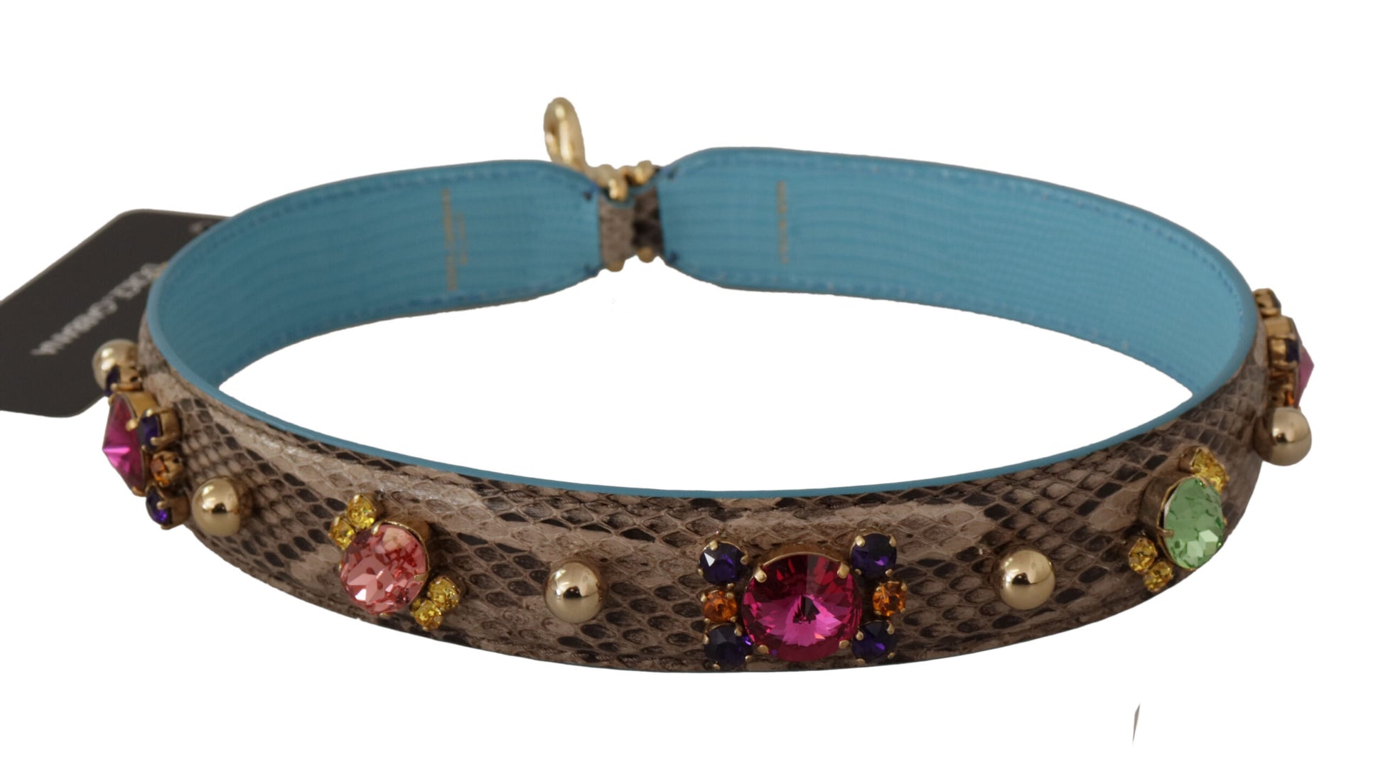 Shoulder Strap by Dolce & Gabbana for unisex in exotic leather & crystal brown & gold features an stylish design, beautifully completing the signature look of the Exotic Leather Crystal Shoulder Strap.