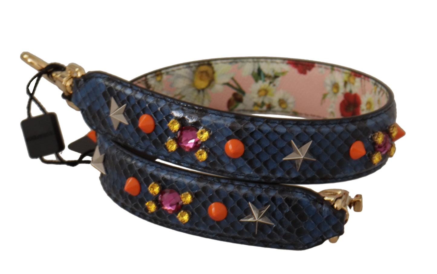 Shoulder Strap by Dolce & Gabbana for unisex in exotic leather & crystal blue & gold features a effortlessly chic design, perfectly complementing the signature look of the Exotic Leather Crystal Shoulder Strap.