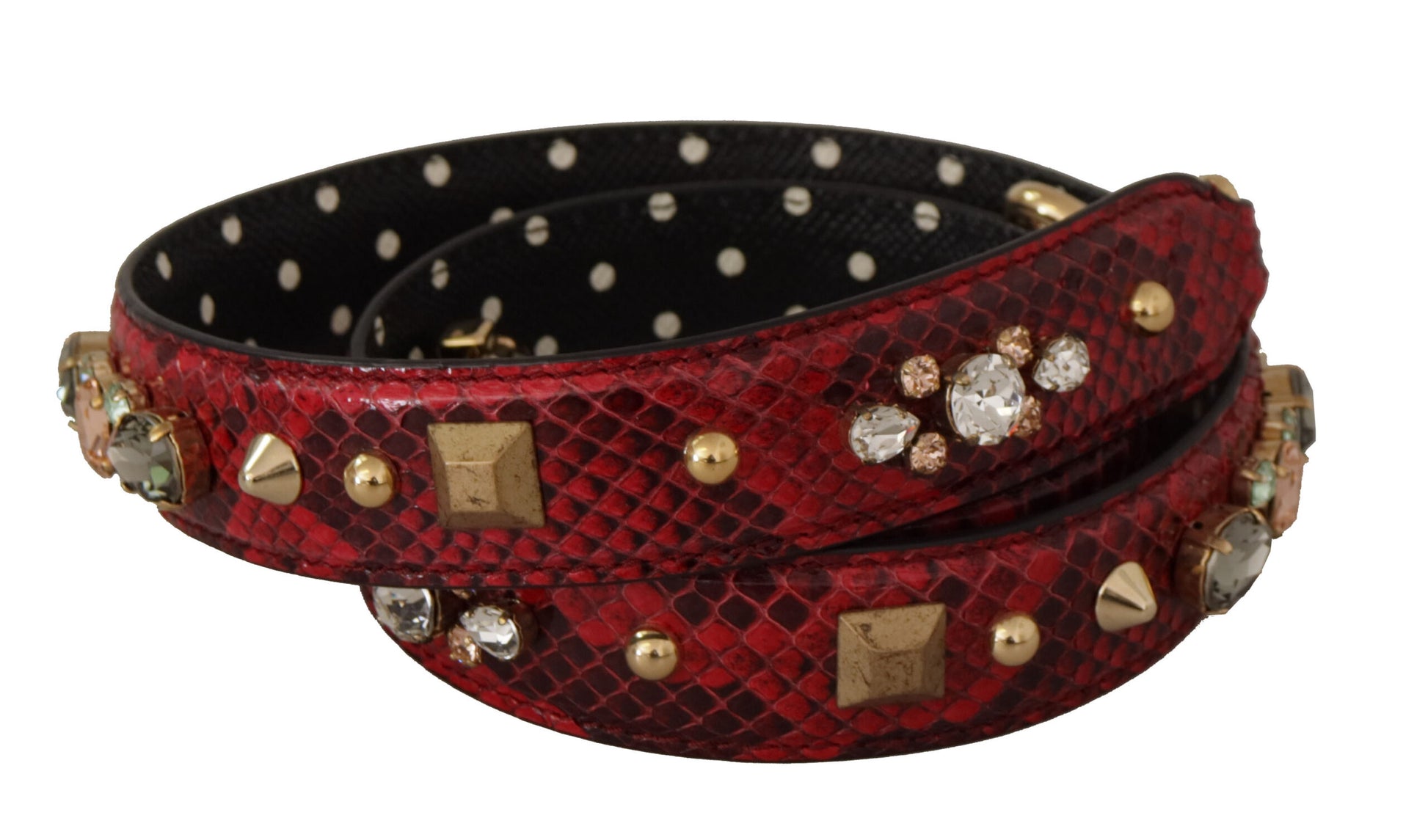 Shoulder Strap by Dolce & Gabbana for unisex in python leather & crystal black, gold & red features a contemporary design, highlighting the distinctive style of the Python Leather Crystal Shoulder Strap with a contemporary finish.