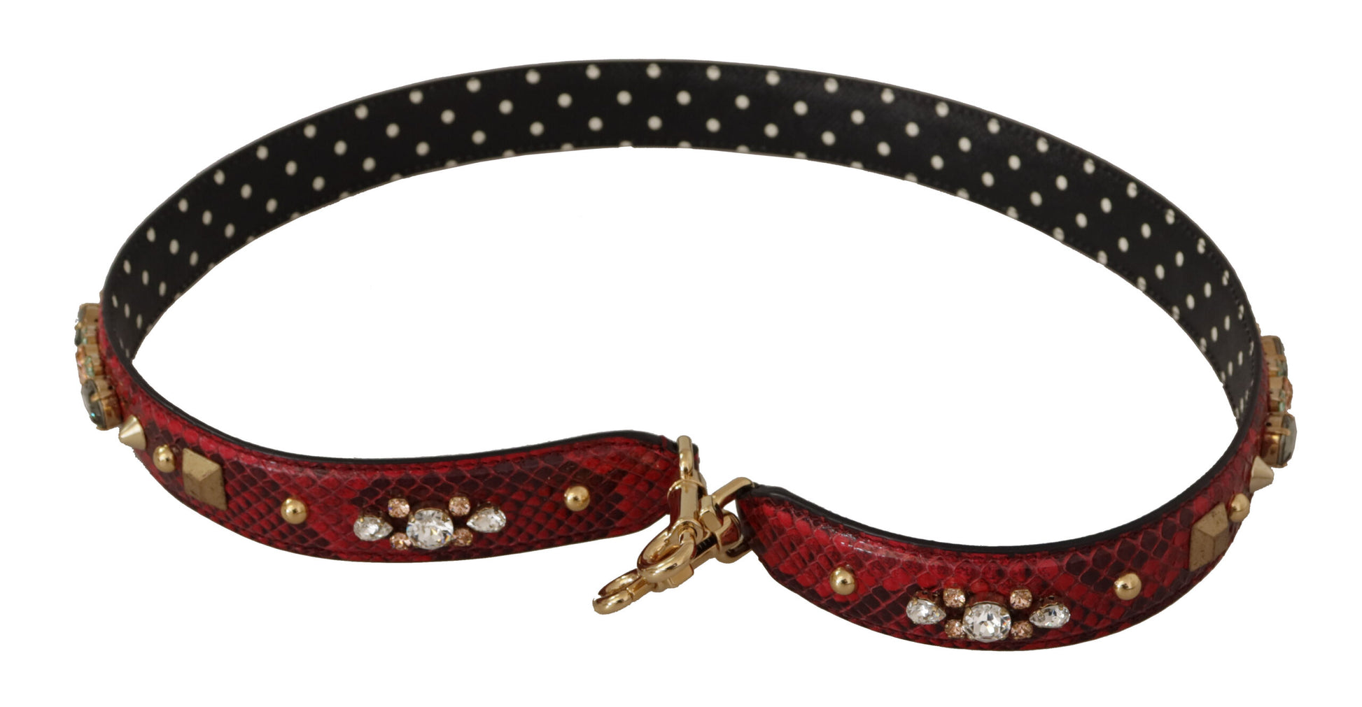 Shoulder Strap by Dolce & Gabbana for unisex in python leather & crystal black, gold & red features a effortlessly chic design, perfectly complementing the signature look of the Python Leather Crystal Shoulder Strap.