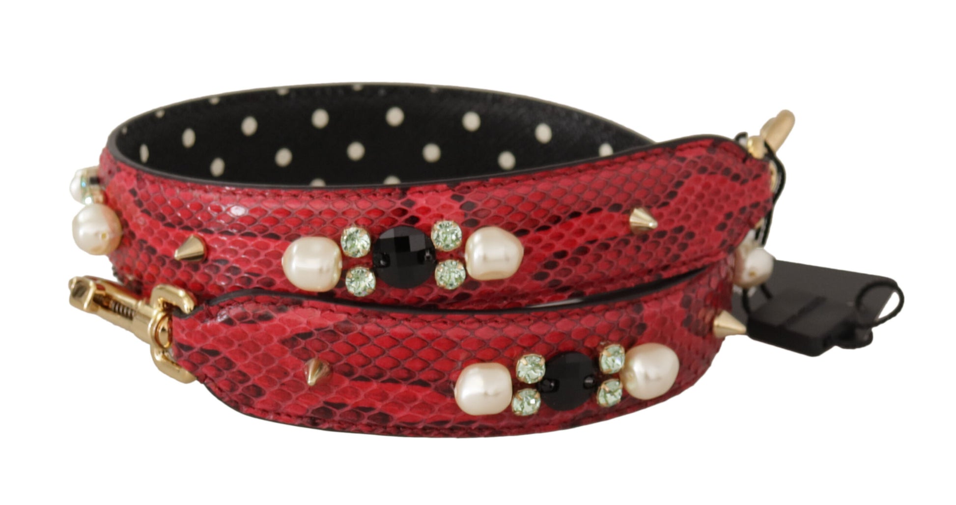 Shoulder Strap by Dolce & Gabbana for unisex in python leather & crystal cherry, gold & red features a dynamic silhouette, artfully enhancing the dynamic design of this Python Leather Crystal Shoulder Strap.