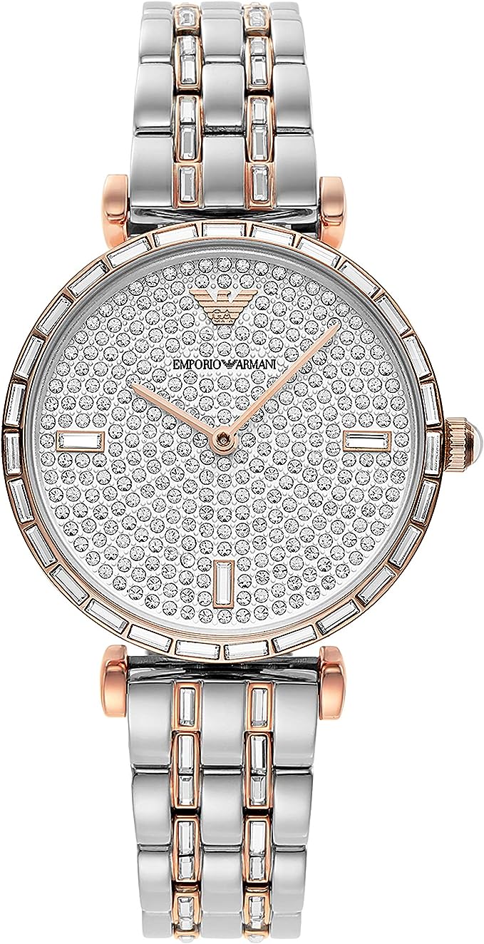 Watch by Emporio Armani for women in stainless steel silver & rose-gold features a resplendent analog with a stainless-steel & crystal strap in silver & rose-gold, highlighting its resplendent deployment-clasp, quartz-movement & waterproof.