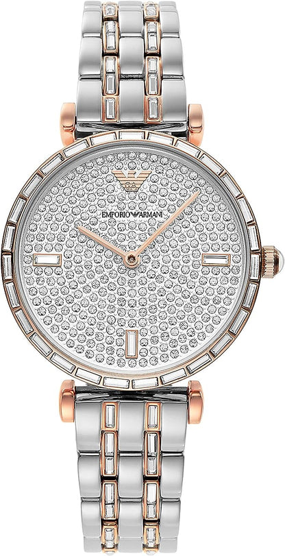 Watch by Emporio Armani for women in stainless steel silver & rose-gold features a resplendent analog with a stainless-steel & crystal strap in silver & rose-gold, highlighting its resplendent deployment-clasp, quartz-movement & waterproof.