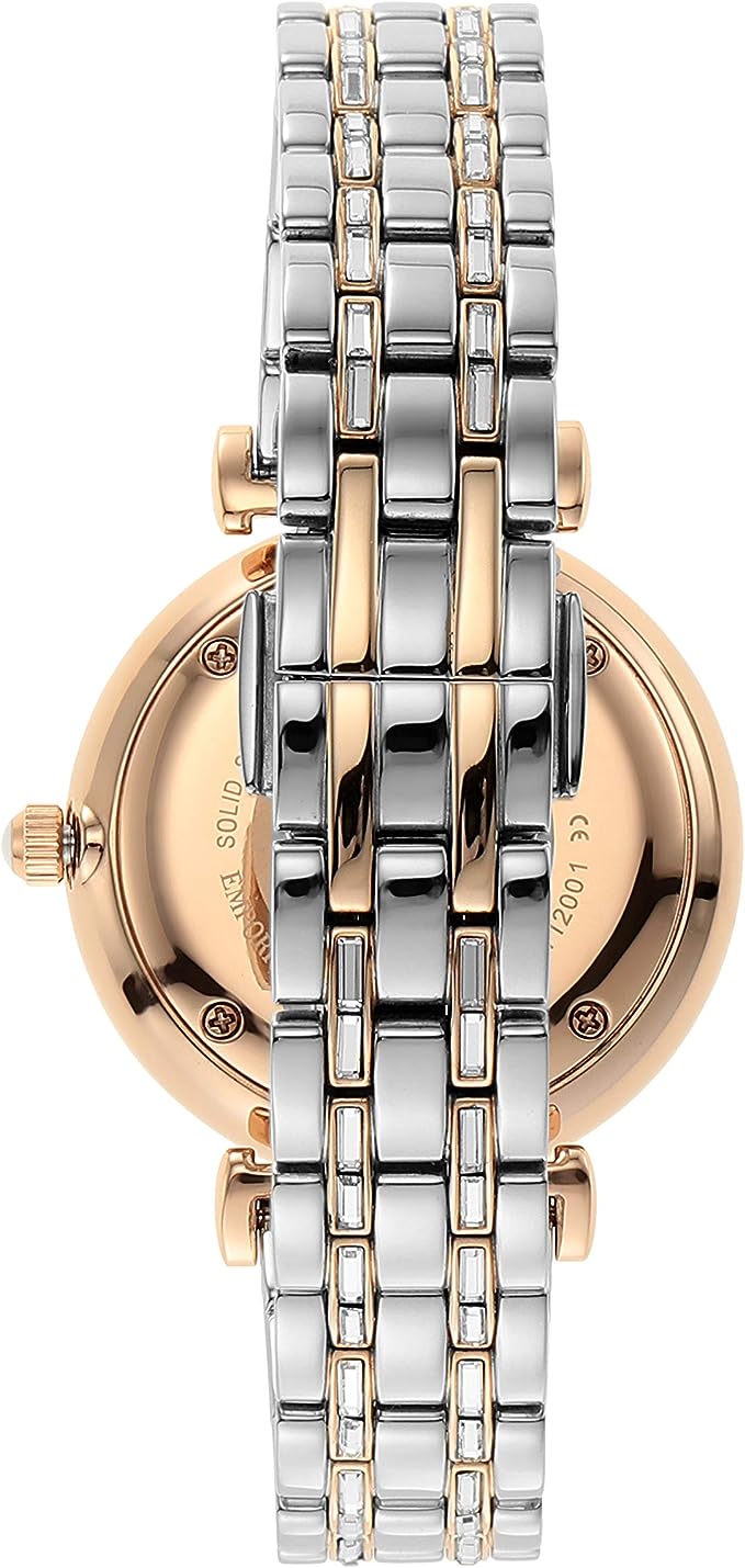 Watch by Emporio Armani for women in stainless steel silver & rose-gold features an exquisite design, highlighting a exquisite stainless-steel & crystal in silver & rose-gold with a refined analog and sophisticated deployment-clasp, quartz-movement & waterproof.