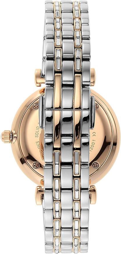 Watch by Emporio Armani for women in stainless steel silver & rose-gold features an exquisite design, highlighting a exquisite stainless-steel & crystal in silver & rose-gold with a refined analog and sophisticated deployment-clasp, quartz-movement & waterproof.