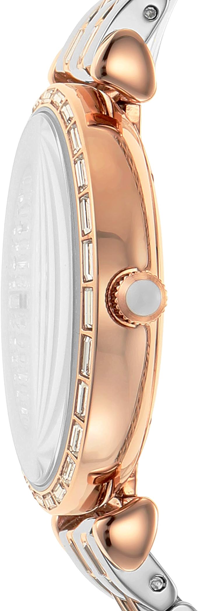 Watch by Emporio Armani for women in stainless steel and silver & rose-gold presents a dynamic silhouette, featuring a silver & rose-gold stainless-steel & crystal strap and dynamic analog with advanced deployment-clasp, quartz-movement & waterproof.