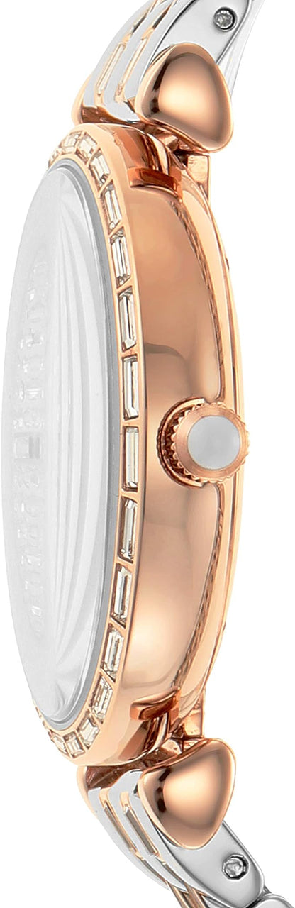 Watch by Emporio Armani for women in stainless steel and silver & rose-gold presents a dynamic silhouette, featuring a silver & rose-gold stainless-steel & crystal strap and dynamic analog with advanced deployment-clasp, quartz-movement & waterproof.