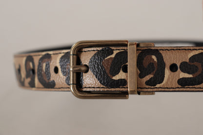 Brown Leather Leopard Print Bronze Metal Buckle Belt
