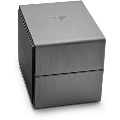 Watch by Emporio Armani for men in stainless steel silver & rose-gold features a cosmopolitan silhouette, showcasing a cosmopolitan analog with a rose-gold & silver stainless-steel and premium date-display, quartz-movement, luminous-hands, deployment-clasp, waterproof & chronograph.