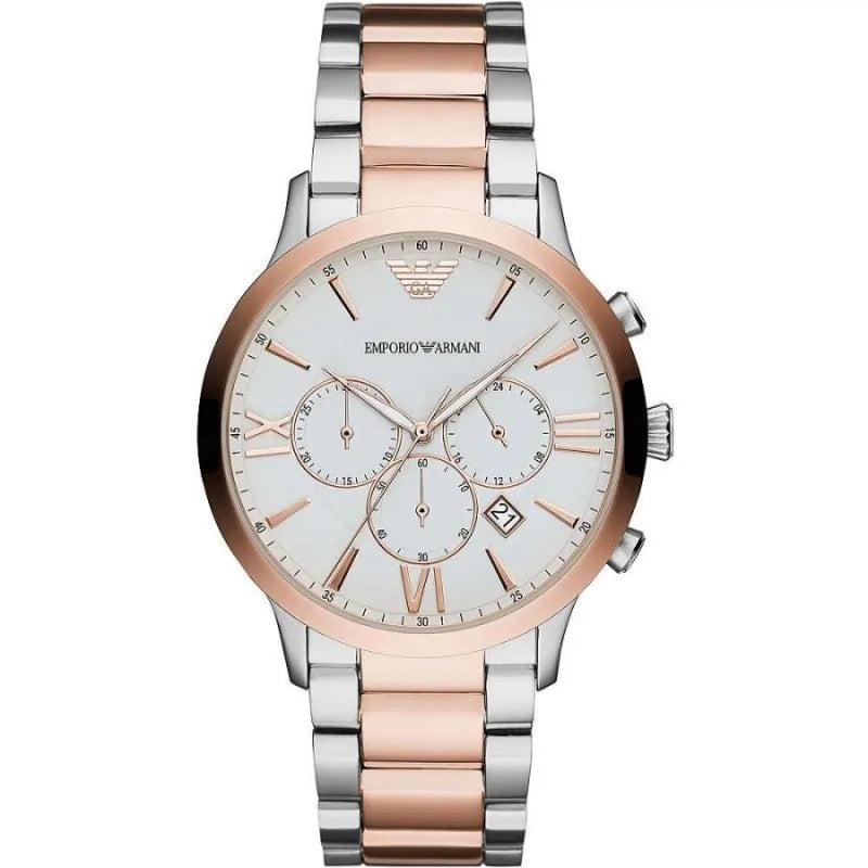Watch by Emporio Armani for men in stainless steel silver & rose-gold features a resplendent analog with a stainless-steel strap in rose-gold & silver, highlighting its resplendent date-display, quartz-movement, luminous-hands, deployment-clasp, waterproof & chronograph.