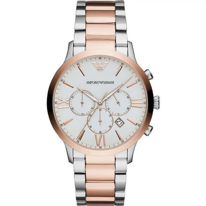Watch by Emporio Armani for men in stainless steel silver & rose-gold features a resplendent analog with a stainless-steel strap in rose-gold & silver, highlighting its resplendent date-display, quartz-movement, luminous-hands, deployment-clasp, waterproof & chronograph.
