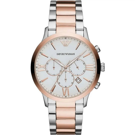 Watch by Emporio Armani for men in stainless steel silver & rose-gold features a resplendent analog with a stainless-steel strap in rose-gold & silver, highlighting its resplendent date-display, quartz-movement, luminous-hands, deployment-clasp, waterproof & chronograph.