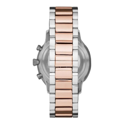 Watch by Emporio Armani for men in stainless steel silver & rose-gold features an transcendent design, highlighting a rose-gold & silver stainless-steel strap, analog, and sophisticated date-display, quartz-movement, luminous-hands, deployment-clasp, waterproof & chronograph for a premium look.