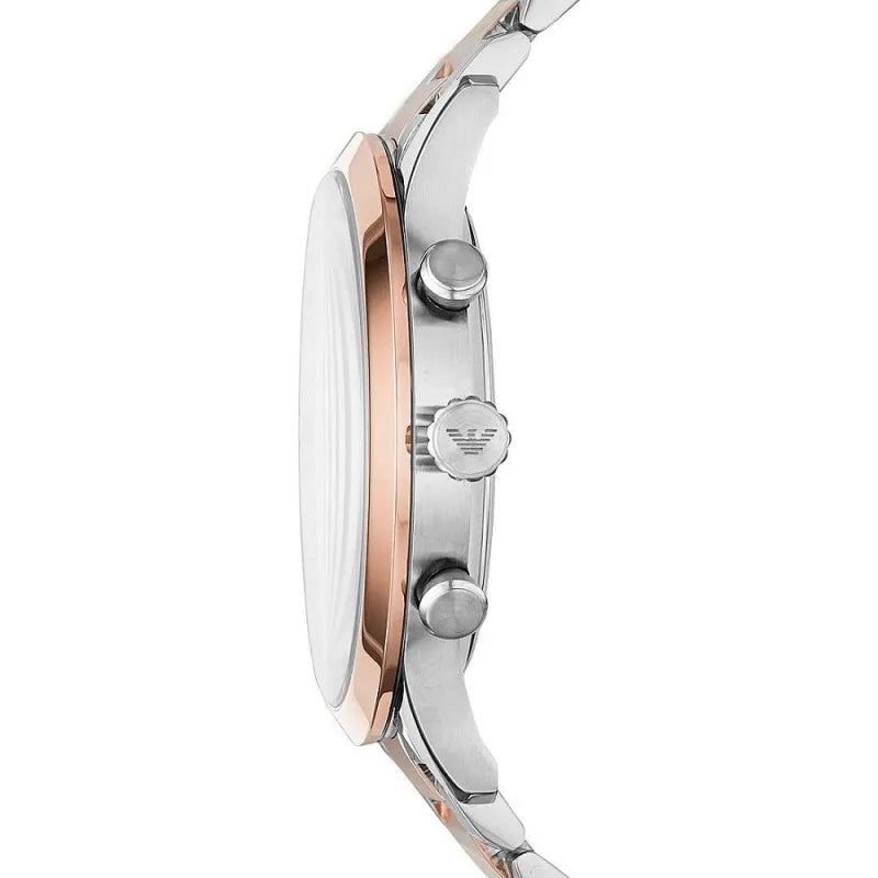 Watch by Emporio Armani for men in stainless steel and silver & rose-gold presents a dynamic silhouette, featuring a rose-gold & silver stainless-steel strap and dynamic analog with advanced date-display, quartz-movement, luminous-hands, deployment-clasp, waterproof & chronograph.