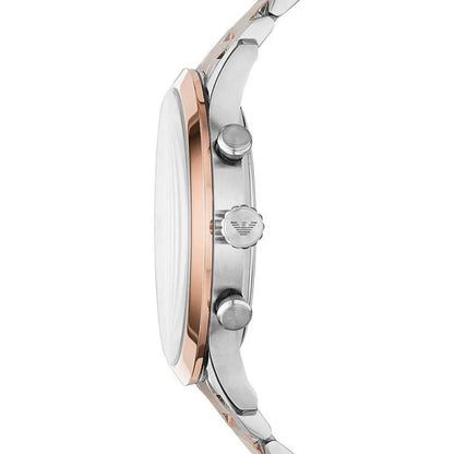 Watch by Emporio Armani for men in stainless steel and silver & rose-gold presents a dynamic silhouette, featuring a rose-gold & silver stainless-steel strap and dynamic analog with advanced date-display, quartz-movement, luminous-hands, deployment-clasp, waterproof & chronograph.