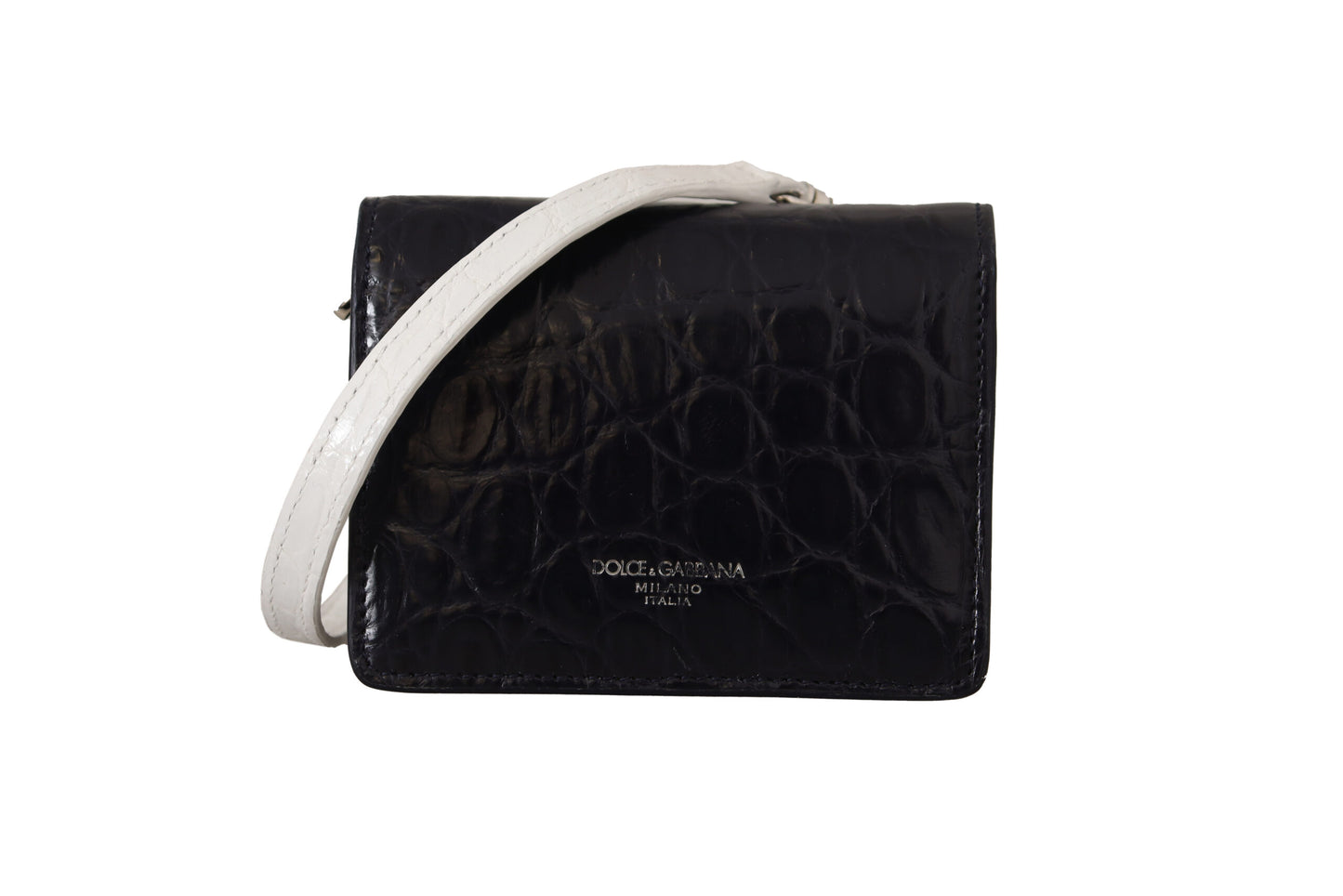 Cardholder Wallet by Dolce & Gabbana for men in caiman leather blue & white showcases a discerning silhouette, artfully capturing the essence of Caiman Leather Cardholder Wallet with its functional card-organization bifold coin-purse.