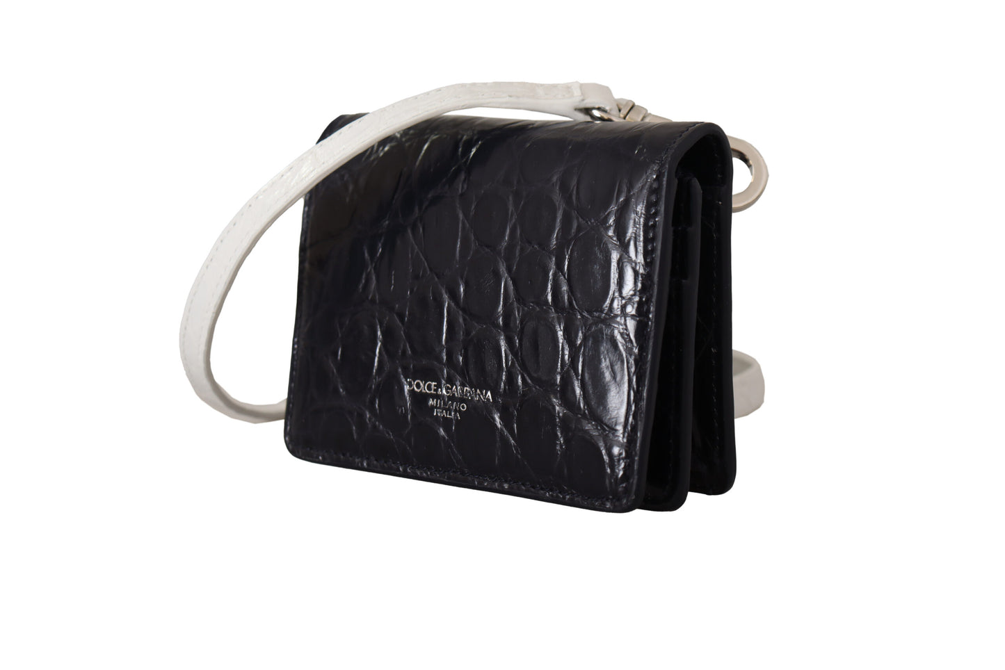 Cardholder Wallet by Dolce & Gabbana for men in caiman leather blue & white presents a streamlined silhouette, showcasing the sophisticated design of the Caiman Leather Cardholder Wallet collection with functional card-organization bifold coin-purse.