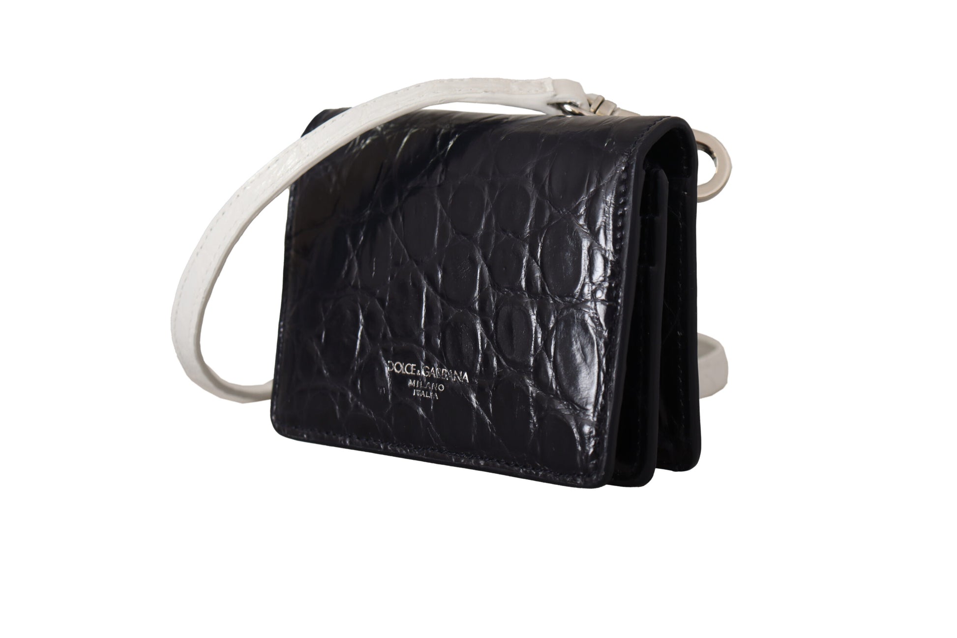 Cardholder Wallet by Dolce & Gabbana for men in caiman leather blue & white presents a streamlined silhouette, showcasing the sophisticated design of the Caiman Leather Cardholder Wallet collection with functional card-organization bifold coin-purse.