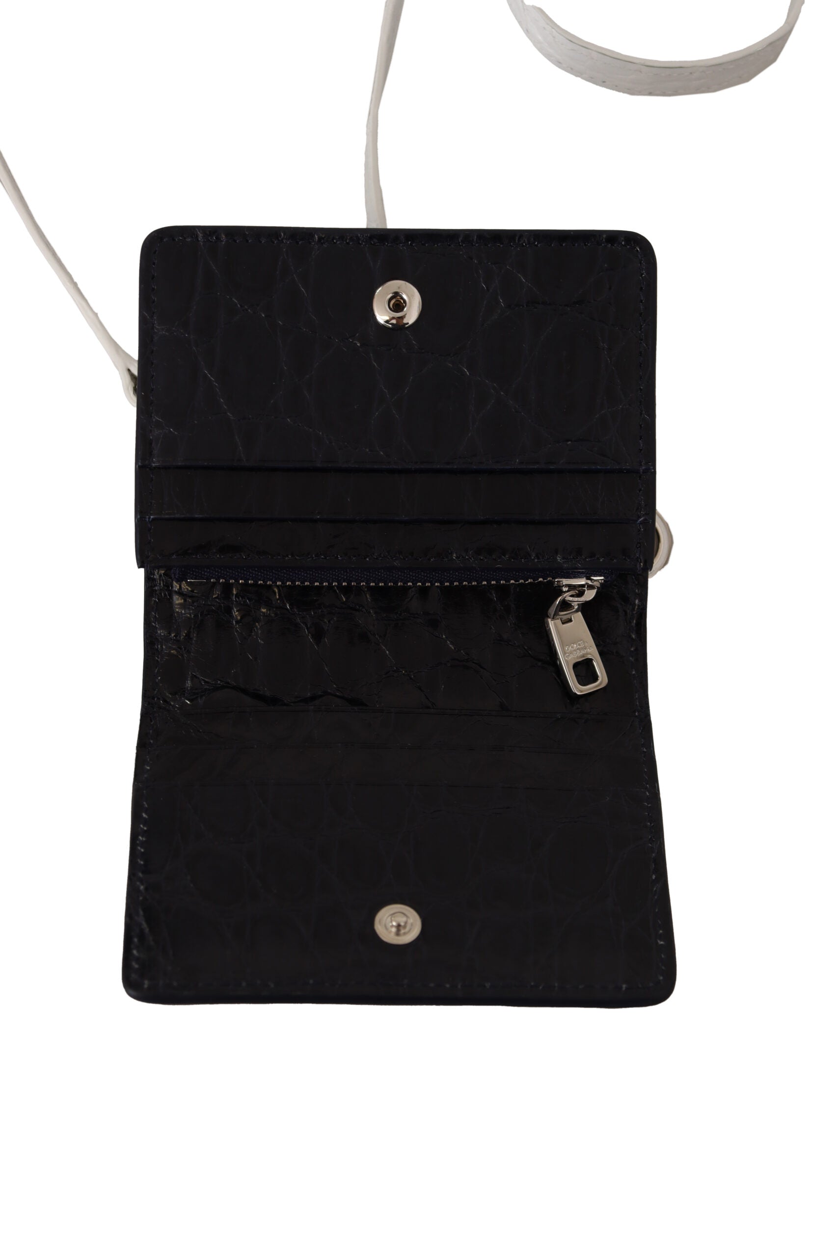Cardholder Wallet by Dolce & Gabbana for men in caiman leather blue & white presents a refined silhouette, artfully capturing the essence of the Caiman Leather Cardholder Wallet design with sophisticated card-organization bifold coin-purse for a refined look.