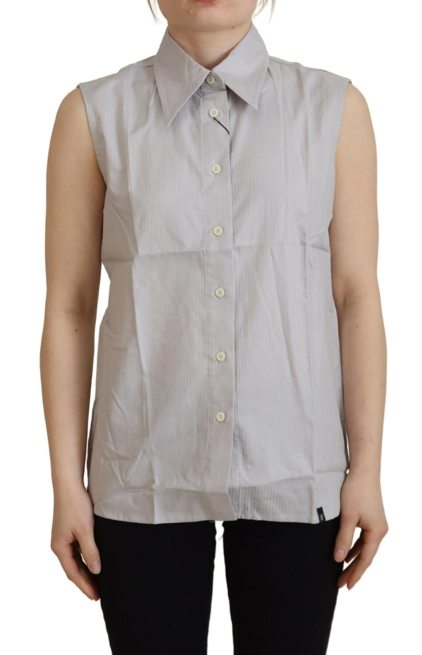 Ferre Women's Light Gray Stripes Cotton Sleeveless Collared Top