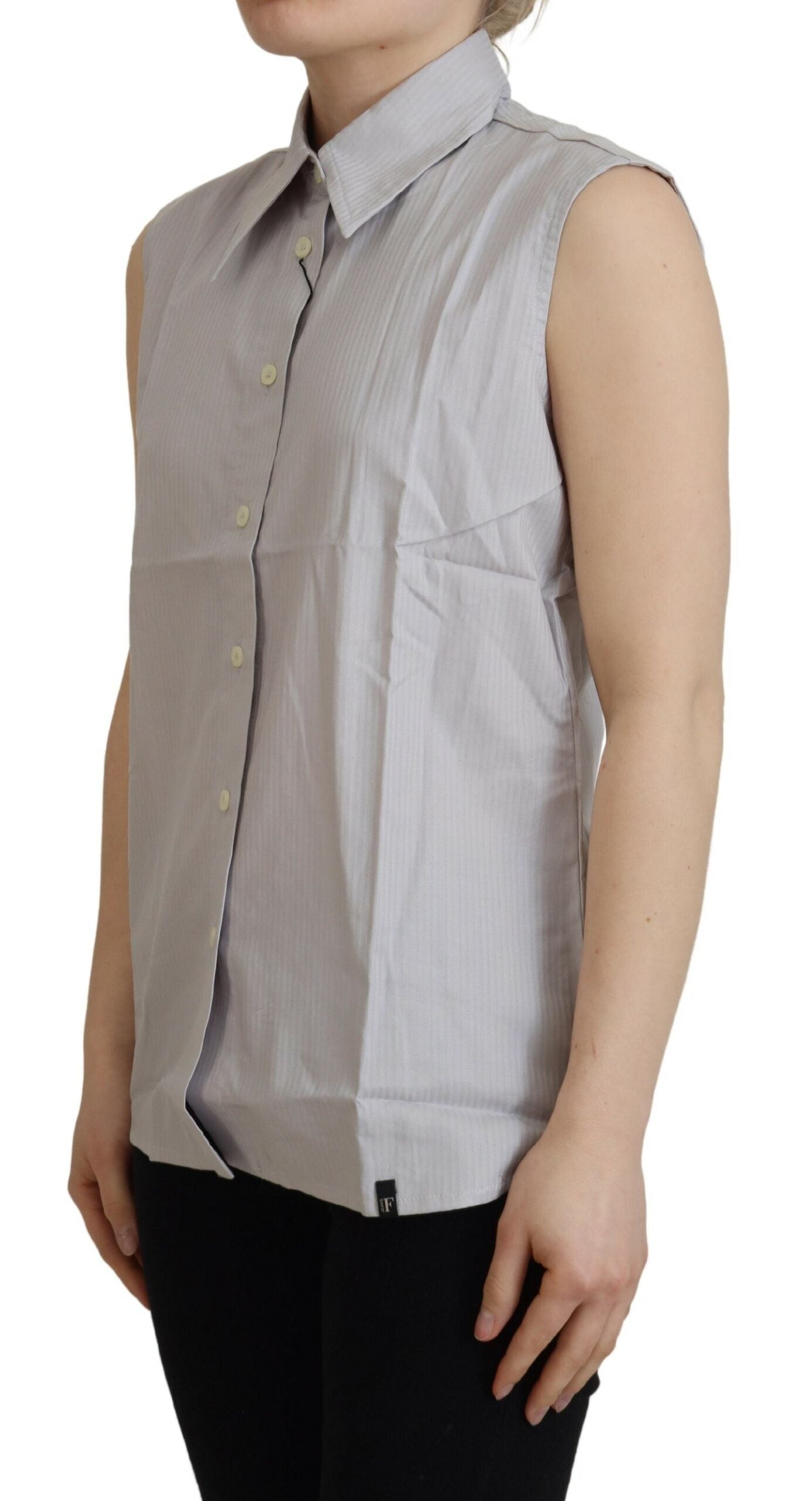 Ferre Women's Light Gray Stripes Cotton Sleeveless Collared Top