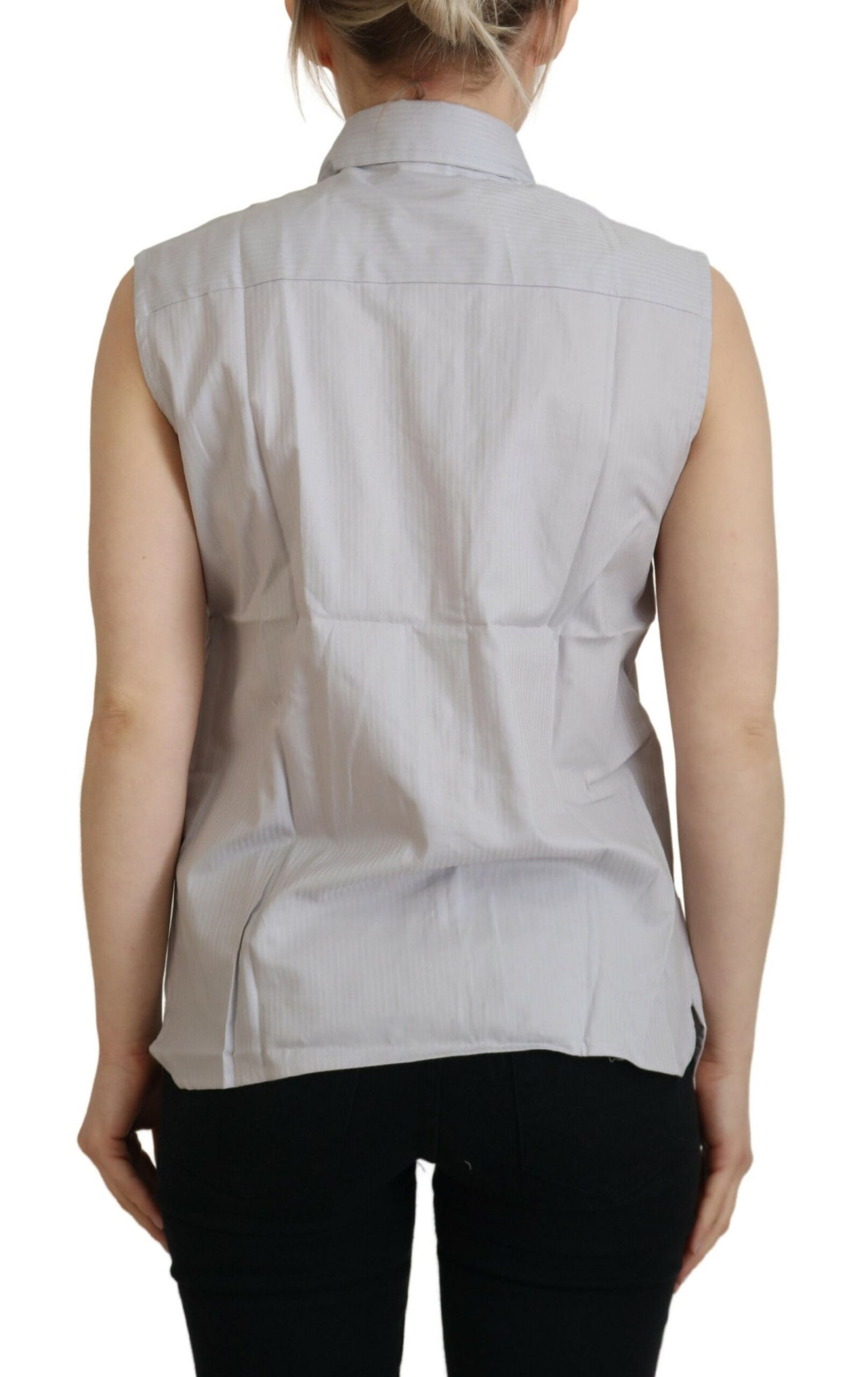 Ferre Women's Light Gray Stripes Cotton Sleeveless Collared Top