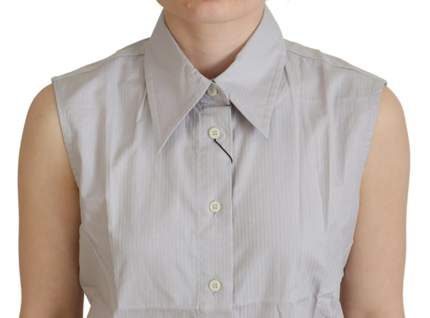 Ferre Women's Light Gray Stripes Cotton Sleeveless Collared Top